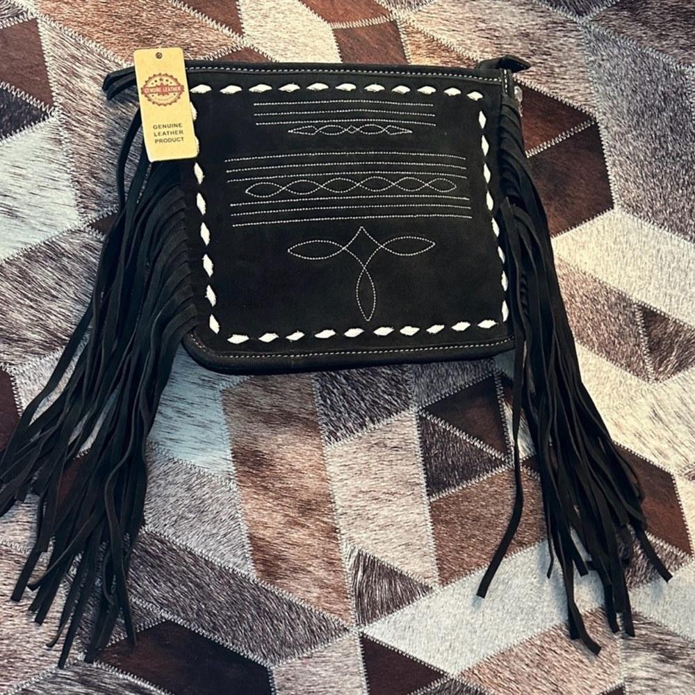 Black Genuine Suede Fringe Crossbody Bag NWT
